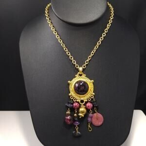 Express Bead Dangle Pendant Necklace, Pink Gold, 36 Inches, Red Purple Beads